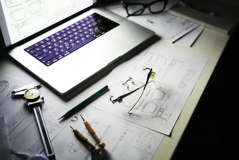 Plans de maison, ordinateur et outils de mesure sur un bureau pour préparer l'attestation RE2020